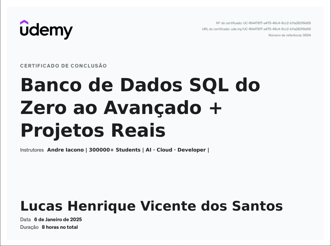 Certificado de Banco de Dados da Plataforma Udemy
