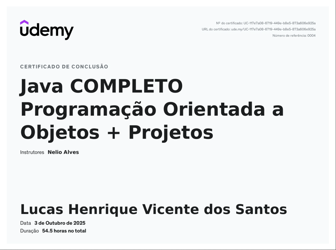 Certificado do curso de Java na Plataforma Udemy