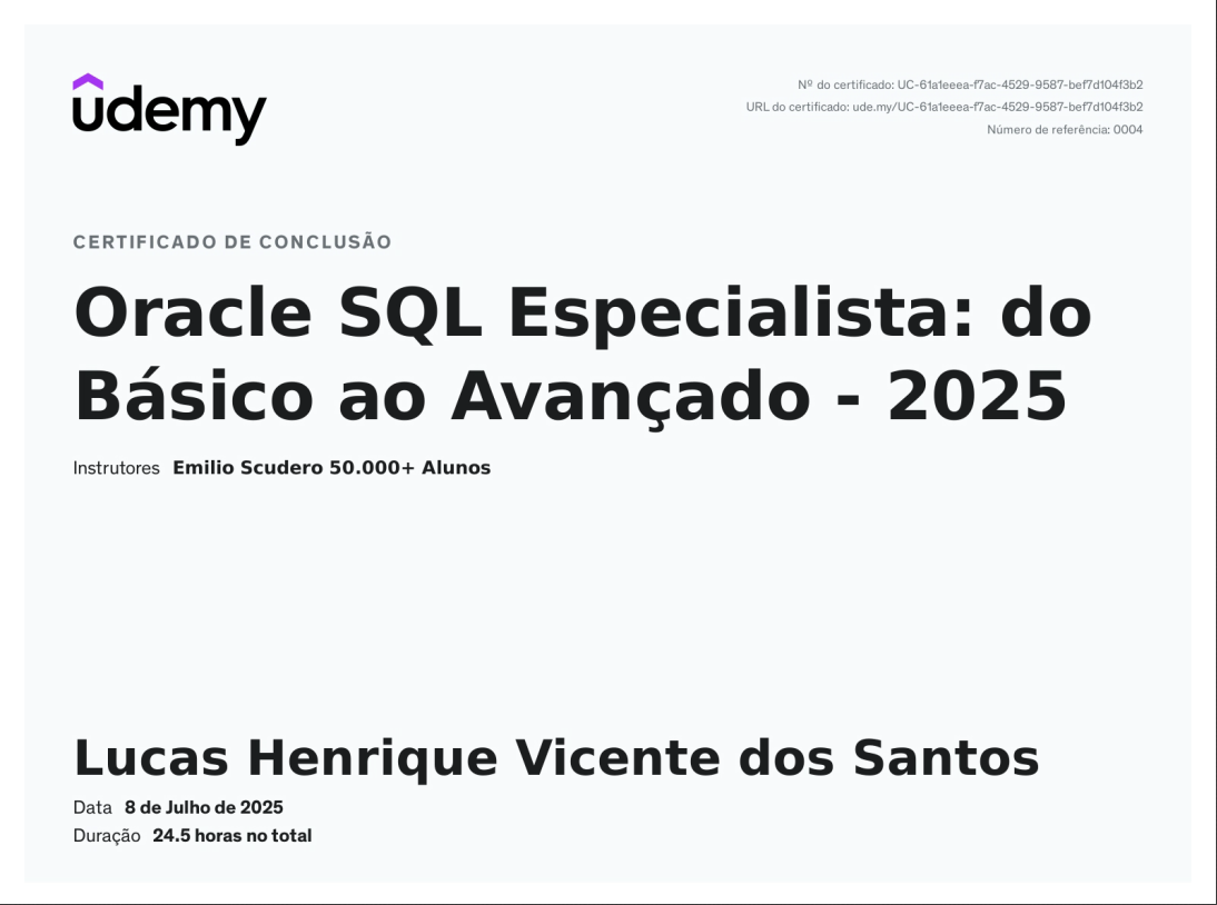 Certificado de Banco de Dados Oracle da Plataforma Udemy